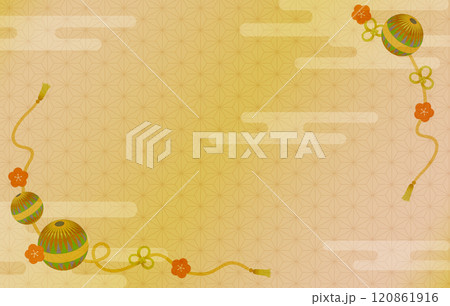 手毬と梅の花の装飾の和風背景 渋いゴールド系 手毬と梅の花の装飾の和風背景 渋いゴールド系 120861916