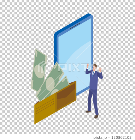 スマートフォンの料金支払いと焦る男性 120862102