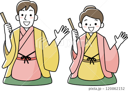着物を着て落語をする女性と男性 120862152