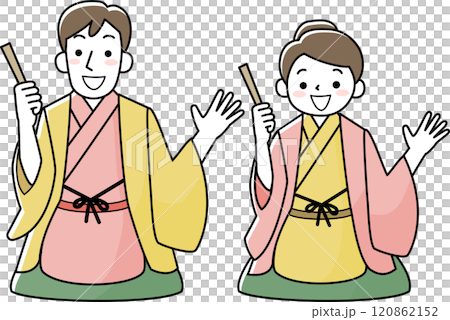 着物を着て落語をする女性と男性 120862152