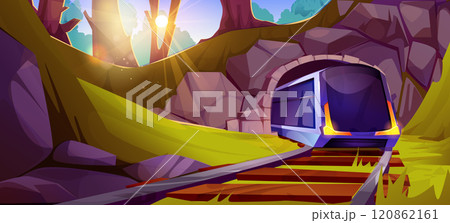 Modern train leaving arch shaped tunnel 120862161