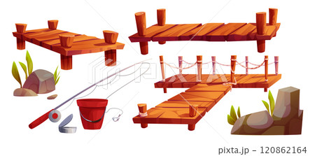 Wooden fishing pier with rocks and fishing tools 120862164