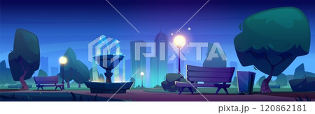 Night city downtown park with fountain Night city downtown park with fountain 120862181