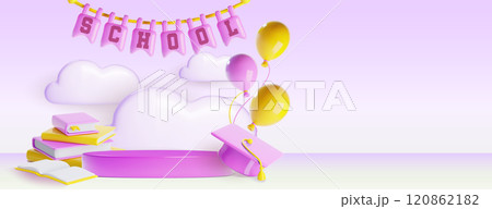 Pink podium with school elements Pink podium with school elements 120862182