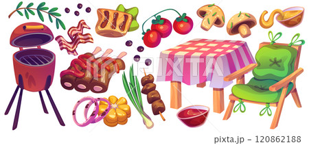 Cartoon BBQ scene with outdoor cooking elements Cartoon BBQ scene with outdoor cooking elements 120862188