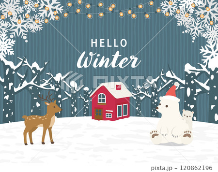 夜の冬の森の風景 可愛いシロクマの親子 夜の冬の森の風景 可愛いシロクマの親子 120862196