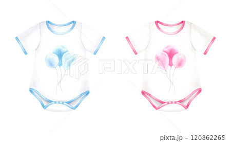 Pink and blue newborn bodysuit. Watercolor hand drawn illustration isolated on white background. Baby girl or boy, she or he clothes for baby shower, gender reveal, birthday party, invitation, prints 120862265
