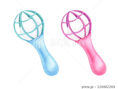 Pink and blue newborn toy. Watercolor hand drawn illustration isolated on white background. Baby girl or boy, she or he rattle for baby shower, birthday, gender reveal party invitation, cards, print Pink and blue newborn toy. Watercolor hand drawn illustration isolated on white background. Baby girl or boy, she or he rattle for baby shower, birthday, gender reveal party invitation, cards, print 120862269