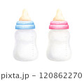 Pink and blue newborn bottle. Watercolor hand drawn illustration isolated on white background. Baby girl or boy, she, he bottle for baby shower, birthday, gender reveal party invitation, cards, print 120862270