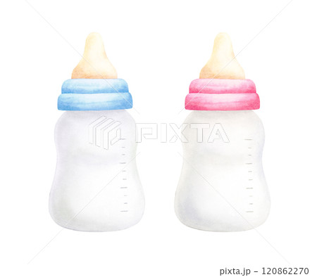 Pink and blue newborn bottle. Watercolor hand drawn illustration isolated on white background. Baby girl or boy, she, he bottle for baby shower, birthday, gender reveal party invitation, cards, print Pink and blue newborn bottle. Watercolor hand drawn illustration isolated on white background. Baby girl or boy, she, he bottle for baby shower, birthday, gender reveal party invitation, cards, print 120862270