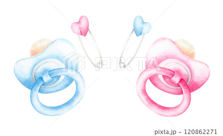 Pink, blue newborn pacifier and safety pin. Watercolor hand drawn illustration isolated on white background. Baby girl or boy, she, he things for baby shower, birthday party invitation, cards, print 120862271