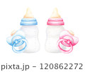 Pink and blue newborn bottle ant pacifier. Watercolor hand drawn illustration isolated on white background. Baby girl or boy, she or he items for baby shower, birthday party invitation, cards, print. 120862272