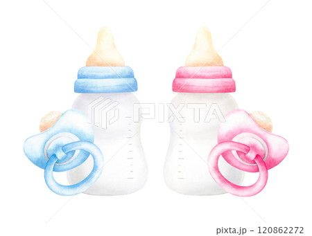 Pink and blue newborn bottle ant pacifier. Watercolor hand drawn illustration isolated on white background. Baby girl or boy, she or he items for baby shower, birthday party invitation, cards, print. 120862272