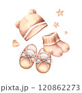 Newborn beanie, shoes and socks set with heart and stars. Watercolor hand drawn illustration isolated on white background. Golden brown baby girl or boy set for baby shower, birthday invitation cards 120862273