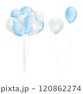 Colorful blue and silver balloons with rope composition. Watercolor hand drawing, illustration isolated on white background. Balloons set for invitation, greeting card, postcard, party poster design 120862274