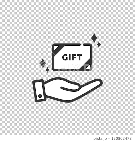 プリペイド式ギフトカード(商品券)と手のひらのアイコン(線画・白黒) 120862478
