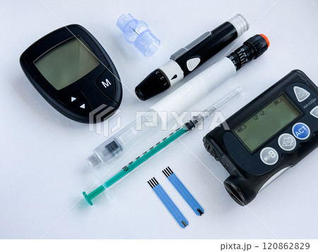 Essential diabetic medical tools. Glucometer, insulin pen, pump, and test strips 120862829