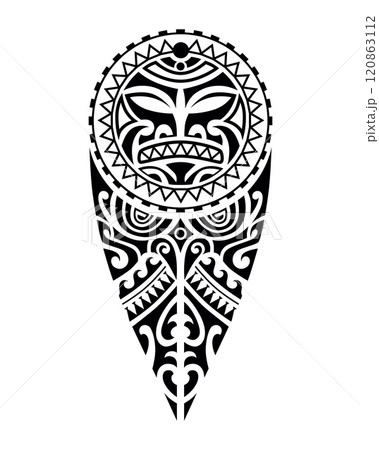 tattoo sketch maori style for leg or shoulder with sun symbols face. 120863112
