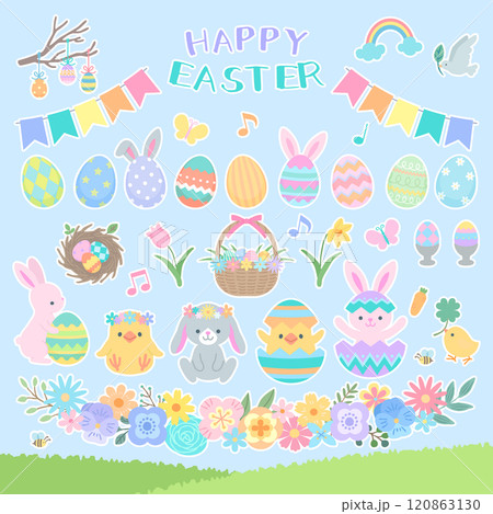 ハッピーイースター　イラストセット　白いふち付き 120863130