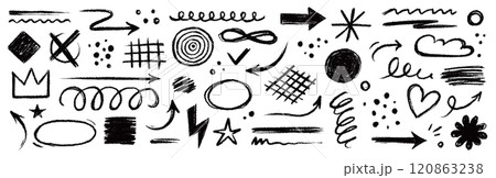 Arrow brush line chalk sketch texture brush vector set. Crayon marker scribble sketch stroke arrow element line brush hand drawn design. Texture abstract chalk, crayon style. Vector 120863238