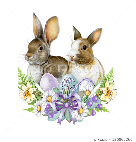 Easter mood festive wreath decor with cute bunnies surrounded by primrose flowers, pastel painted eggs illustration on white background. Perfect for holiday festive decor, cards and seasonal designs Easter mood festive wreath decor with cute bunnies surrounded by primrose flowers, pastel painted eggs illustration on white background. Perfect for holiday festive decor, cards and seasonal designs 120863266