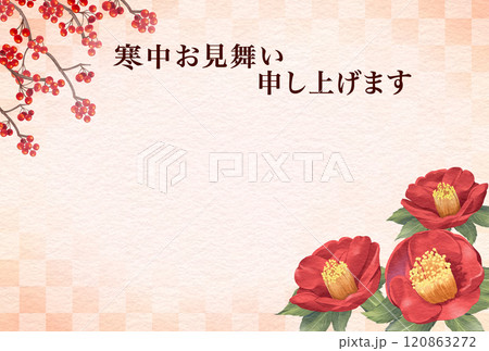寒中見舞い　椿と南天　はがきテンプレート 120863272