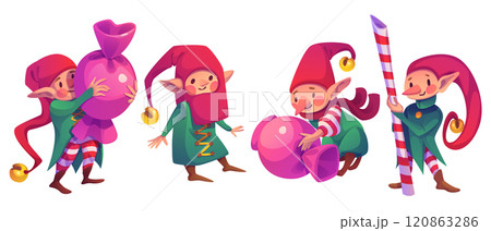 Cute elves in festive costumes carrying candies 120863286