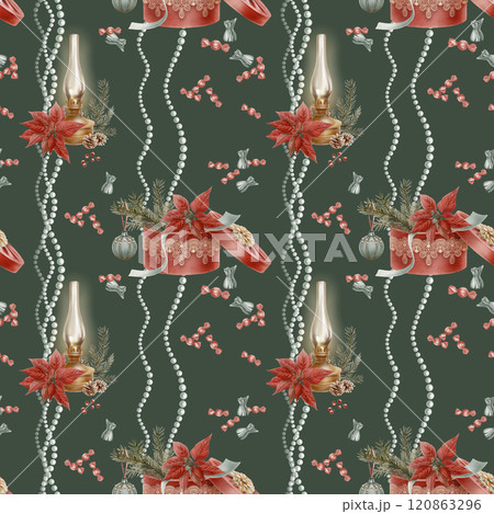 Vintage christmas seamless pattern round hat box with lid covered in red velvet with lace ribbon with a spruce branch and Christmas tree balls,poinsettias,sweets,old glow lamp,berries,pearl beads 120863296