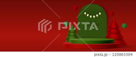 3d Christmas tree podium on red background vector 120863304