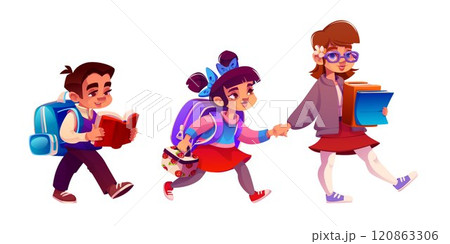 Schoolkids and female teacher walking to school 120863306
