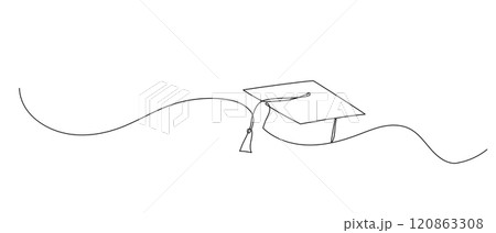 Graduation cap one line illustration. Hand drawn continuous sketch of student hat on white background Graduation cap one line illustration. Hand drawn continuous sketch of student hat on white background 120863308