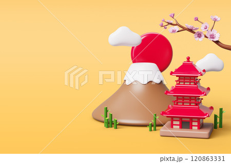 3d Japanese spring landscape with fuji mountain, pagoda, pink cherry blossom, bamboo, red sun, clouds. Travel banner with japan landmark and sakura branch on yellow background render. 3D illustration 3d Japanese spring landscape with fuji mountain, pagoda, pink cherry blossom, bamboo, red sun, clouds. Travel banner with japan landmark and sakura branch on yellow background render. 3D illustration 120863331
