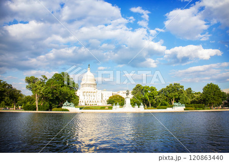 The United States Capitol building reflected on the reflection pool on a sunny day at nation mall, Washington DC, USA. 120863440