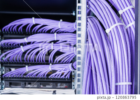 large group of UTP cables, Ethernet cables in rack cabinet, lead 120863795