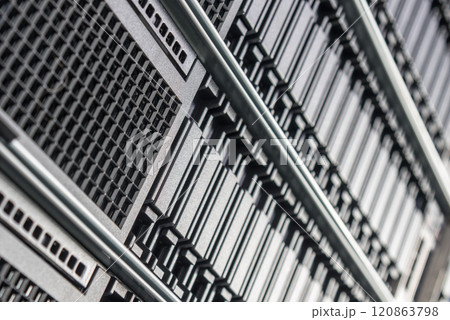 cluster of data storage SSD hard drives inside server rack 120863798