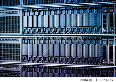 cluster of data storage SSD hard drives inside server rack 120863815