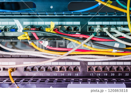 Server with patch cables plugged in ethernet ports 120863818