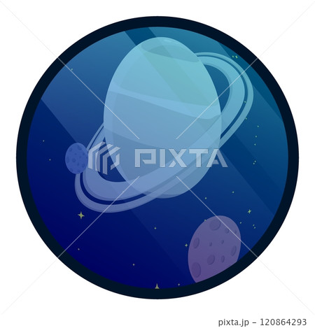 Saturn planetary cluster with satellites through lens of an old telescope. Observatory is watching satellites on orbit around planet in space. Cartoon vector 120864293