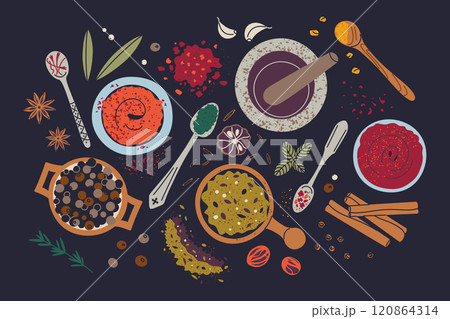 Vector illustration of spices and herbs composition on black background. Flat cartoon design with pepper, garlic, cinnamon, star anise, basil, and spice blends in bowls and decorative spoons Vector illustration of spices and herbs composition on black background. Flat cartoon design with pepper, garlic, cinnamon, star anise, basil, and spice blends in bowls and decorative spoons 120864314