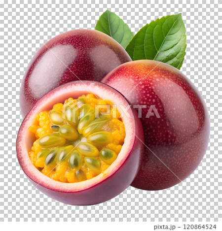 Passion fruit on a transparent background, one of the fruits is cut in half Passion fruit on a transparent background, one of the fruits is cut in half 120864524
