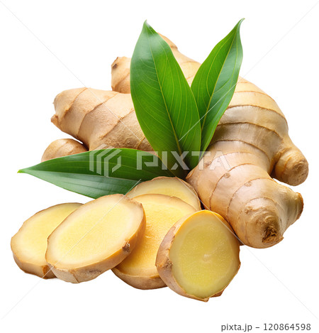 Ginger slices and ginger on an isolated background, which are easy to use in any design 120864598