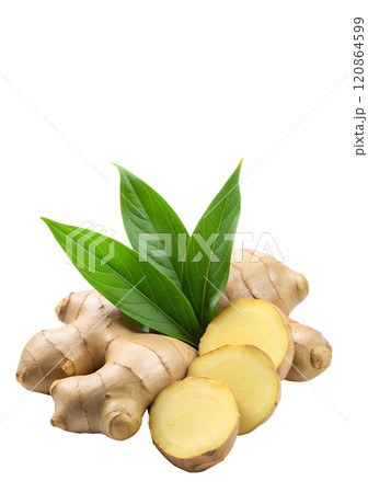 Ginger slices and ginger on an isolated background, which are easy to use in any design 120864599