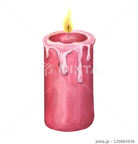 Red burning wax candle christmas decoration. Candlelight design for xmas, New Year party. Hand draw watercolor illustration isolated background. Cozy interior clipart printed products, holiday cards 120865038