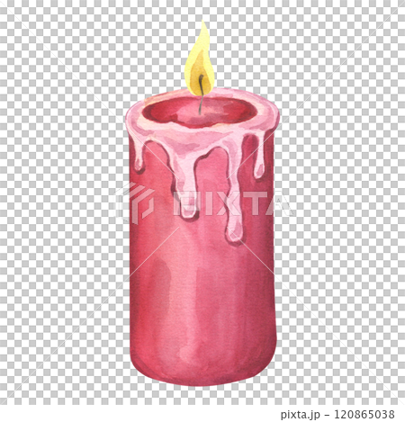 Red burning wax candle christmas decoration. Candlelight design for xmas, New Year party. Hand draw watercolor illustration isolated background. Cozy interior clipart printed products, holiday cards Red burning wax candle christmas decoration. Candlelight design for xmas, New Year party. Hand draw watercolor illustration isolated background. Cozy interior clipart printed products, holiday cards 120865038