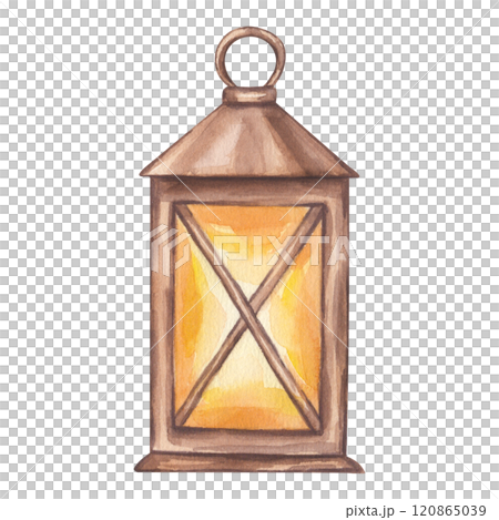 Brown lantern with glowing candle inside. Winter holiday symbol, Christmas decor. Attribute of Scandinavian gnomes. Kerosene Lamp. Handdrawn watercolor illustration isolated on white background Brown lantern with glowing candle inside. Winter holiday symbol, Christmas decor. Attribute of Scandinavian gnomes. Kerosene Lamp. Handdrawn watercolor illustration isolated on white background 120865039