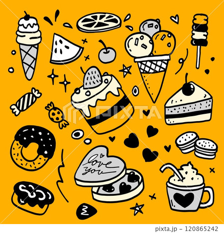Hand Drawn Sweet Treats and Desserts Doodle Collection 120865242