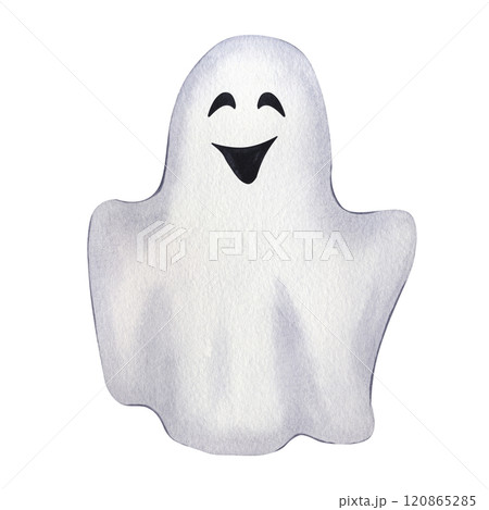 Ghost character scream scary face. Happy Halloween party. Cartoon spirit clipart, simple spooky picture. Hand drawn watercolor illustration isolated on white background 120865285
