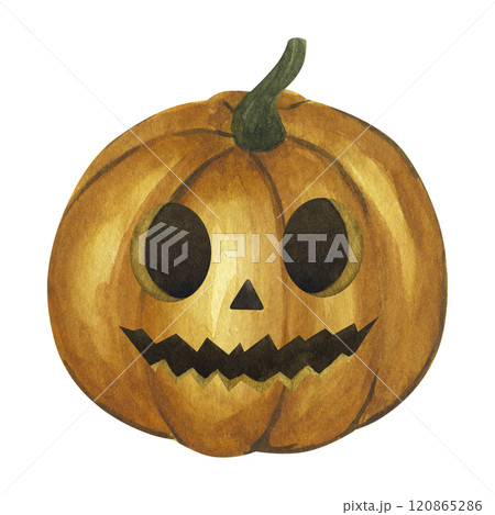 Halloween Jack o Lantern, traditional carved orange pumpkin illuminating the way. Cartoon clipart, simple spooky picture. Hand drawn watercolor illustration isolated on white background Halloween Jack o Lantern, traditional carved orange pumpkin illuminating the way. Cartoon clipart, simple spooky picture. Hand drawn watercolor illustration isolated on white background 120865286