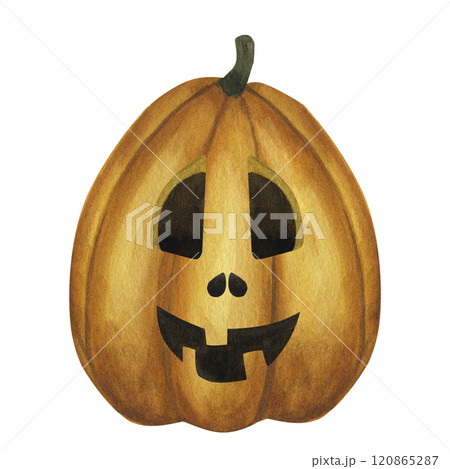 Halloween Jack o Lantern, traditional carved orange pumpkin illuminating the way. Cartoon clipart, simple spooky picture. Hand drawn watercolor illustration isolated on white background 120865287