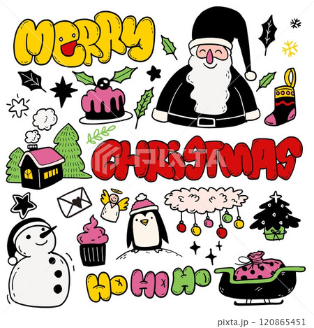 Merry Christmas Doodle Collection with Santa and Snowman, Isolated on White Background Merry Christmas Doodle Collection with Santa and Snowman, Isolated on White Background 120865451